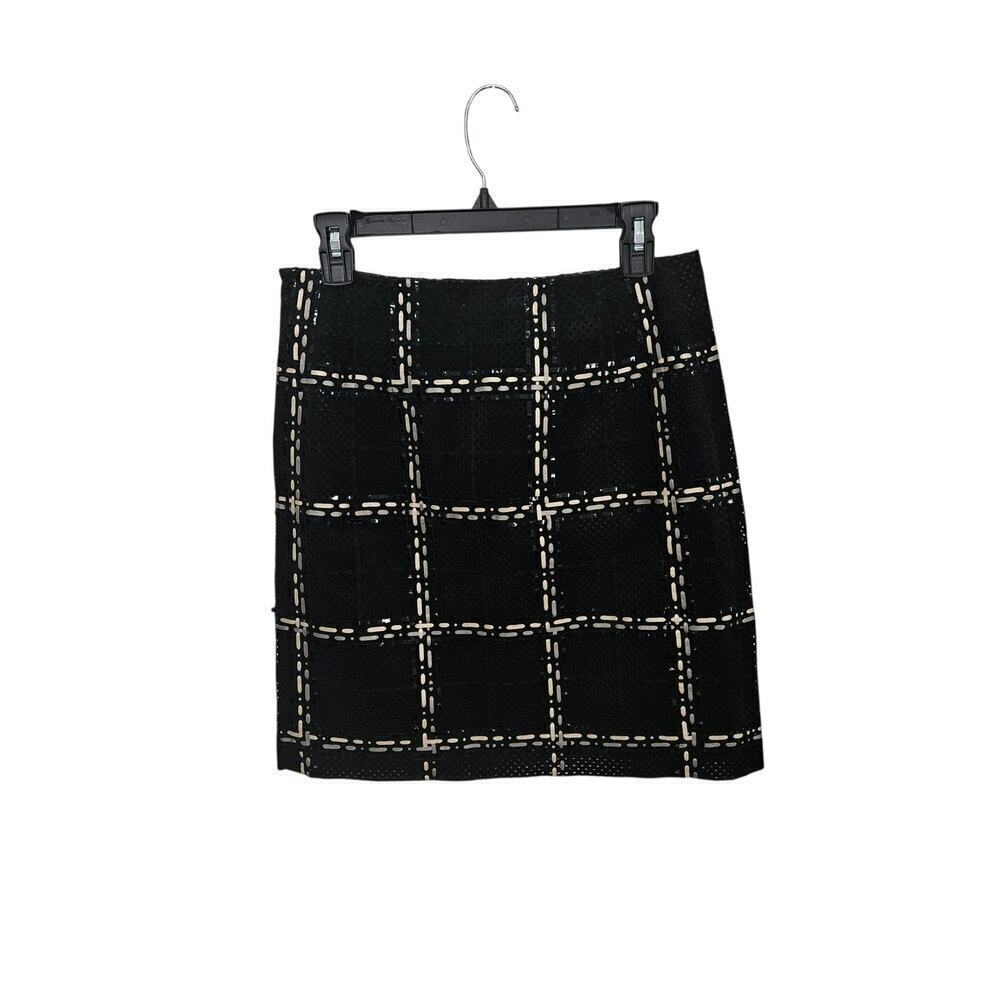 Per Se Leather Suede Perforated Plaid Black High Waist Knee Length Skirt Sz 2 XS - Picture 2 of 7